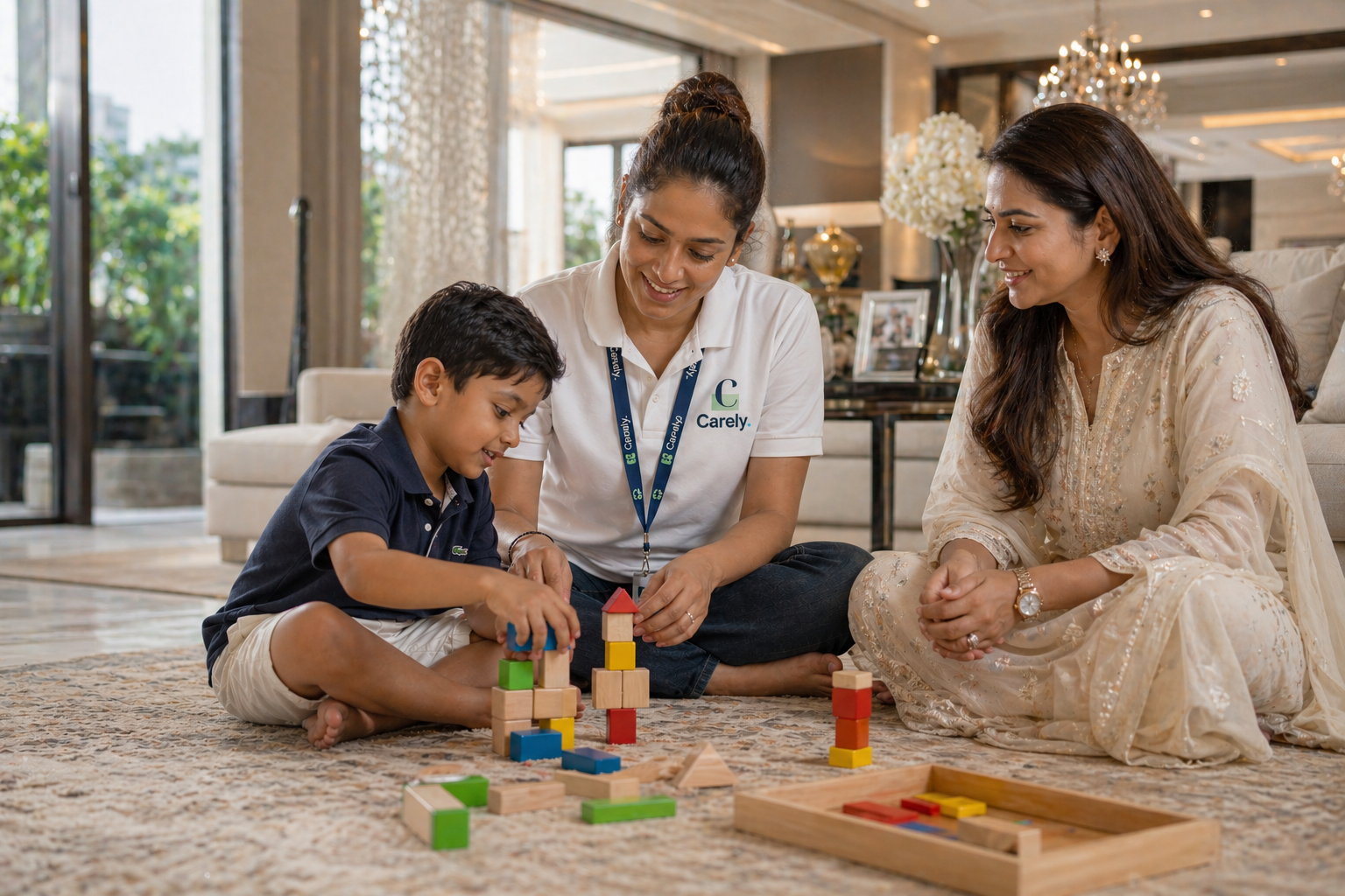 Carely therapist working with a child and parent at home